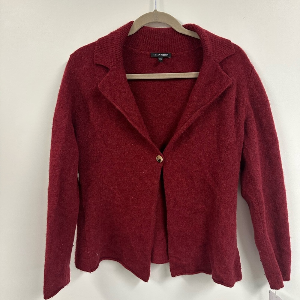 Eileen Fisher Burgundy Single-Button Knit Cardigan